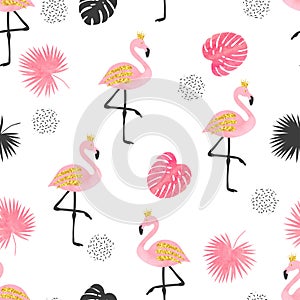 Watercolor Flamingo seamless pattern. Vector tropical background design.