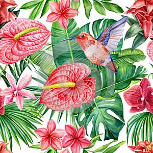 Watercolor flora, tropical leaves, flowers and hummingbird bird. Seamless pattern