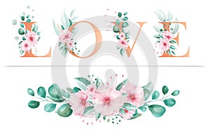 Watercolor floral alphabet of love letter and flowers arrangements for wedding invitation card composition