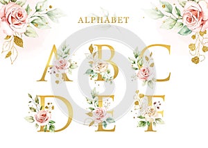 Watercolor floral alphabet set of aA  B  C  D  E  F with golden leaves