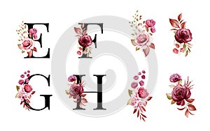 Watercolor floral alphabet set of E, F, G, H with red and brown flowers and leaves. Flowers composition for logo, cards, branding