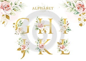 Watercolor floral alphabet set of G  H  I  J  K  L with golden leaves