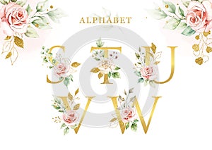 Watercolor floral alphabet set of S  T  U  V  W with golden leaves.