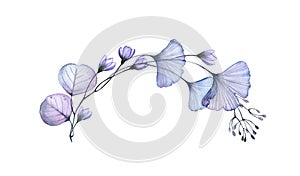 Watercolor floral arch. Blue branches, flowers and leaves. Round design element. Transparent detailed foliage isolated