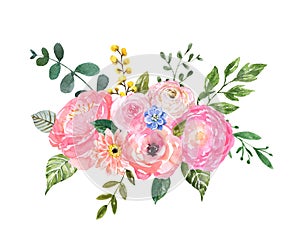 Watercolor floral arrangement with pretty pink flowers and greenery. Hand drawn spring blossom illustration