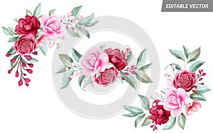 Watercolor floral arrangements clipart for wedding or greeting card composition. Decoration of red and peach flowers, leaves,