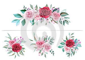 Watercolor floral arrangements clipart for wedding or greeting card composition. Flowers illustration decoration of red and peach