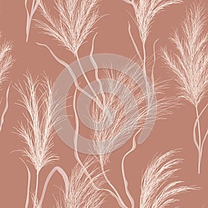 Watercolor floral autumn background. Dry pampas grass seamless vector pattern. Boho fall texture illustration