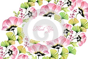 Watercolor floral background. Big field flowers, tulips, gingko leaves. Horizontal Thank you Card template with place