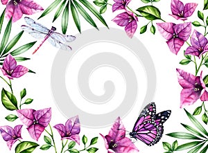 Watercolor floral background. Bougainvillea flowers with butterfly and dragonfly. Hand painted floral tropical banner