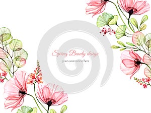 Watercolor floral background. Card template with place for text. Transparent poppy flowers. Isolated hand drawn banner
