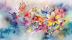 Watercolor floral background. Hand painted bouquet of flowers on watercolor background. AI Generated