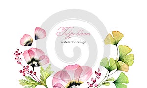 Watercolor floral background. Horizontal card template with place for text. Wreath of transparent tulip flowers and