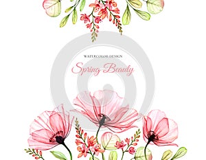 Watercolor floral background with place for text. Border at the top and bottom. Transparent poppy field flowers