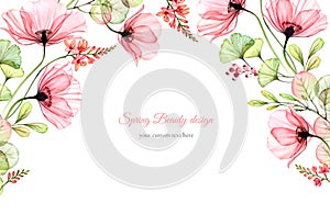 Watercolor floral background with place for text. Transparent poppies. Isolated hand drawn arch with big flowers for