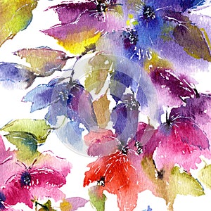 Watercolor floral background. Watercolor purple flowers pattern photo