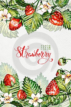 Watercolor floral background with strawberries. Summer card. Frame with watercolor strawberries. Hand painted background.