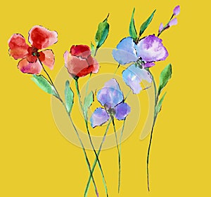 Watercolor floral background. Watercolor flower bouquets. Birthday card