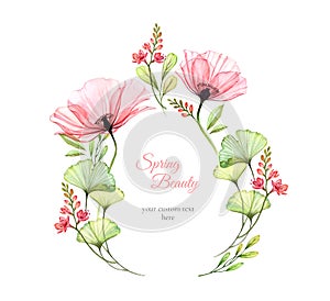 Watercolor floral background. Wreath of field flowers, poppy, leaves. Card template with place for text. Isolated hand