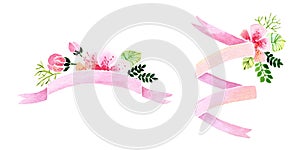 Watercolor floral banner with pink ribbons for text. Bouquet with pink roses and simple green leaves. Thank you card