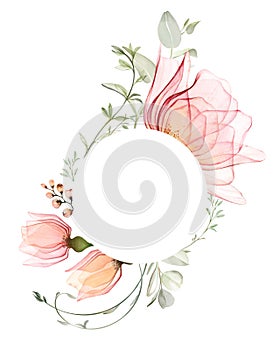 Watercolor floral banner with round place for text. Bouquet with big pink roses and eucalyptus leaves. Thank you card