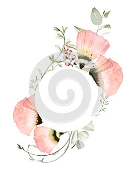 Watercolor floral banner with round place for text. Bouquet with pink poppies and eucalyptus leaves. Thank you card