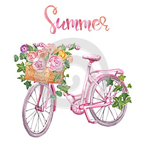 Watercolor floral bicycle, isolated. Romantic pink bike, basket and flowers on white background. Wedding design, cards