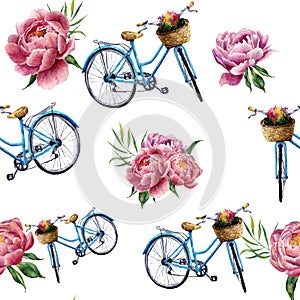 Watercolor floral and bicycle seamless pattern on white background. Illustration for design, textile, print and