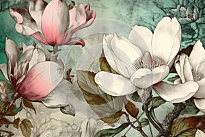 watercolor floral blossom flower magnolia wallpaper pattern seamless decoration leaf background. Generative AI.