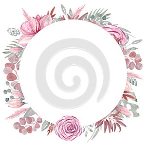 Watercolor Floral Boho frame autumn dried flowers and branches Pink flowers rose Leaves, Tropical leaves, the Branch of eucalyptus