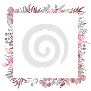 Watercolor Floral Boho frame square autumn dried flowers and branches Pink flowers rose Leaves, Tropical leaves, the Branch of