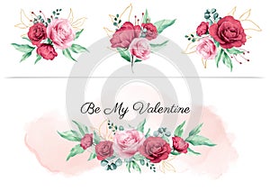 Watercolor floral boquet for valentine design elements and flowers arrangements for wedding invitation card composition