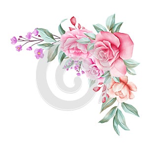 Watercolor floral border decoration for wedding invitation card. Corner flowers illustration of peach roses, leaves, branches