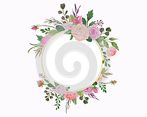 Watercolor Floral Border, Flowers Frame with Roses and Green Leaves Illustration