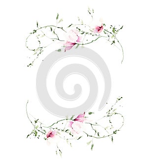 Watercolor floral border frame on white background. Pink poppy wild flowers, branches, leaves and twigs.