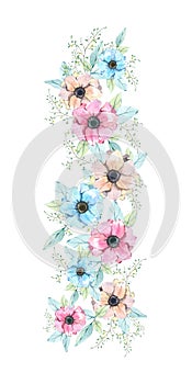 Watercolor floral border greenery leaves and flower rustic bouquet. Bright pink, blue, orange blossom anemone for greeting card, w