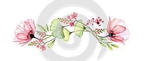 Watercolor floral border. Horizontal design element. Two big poppy flowers with exotic fresia and gingko isolated on