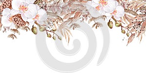 Watercolor floral border with white orchids. Hand drawn illustration in boho style. Floral wedding background.