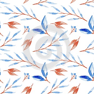 Watercolor floral botanic blue brown seamless pattern. Design for textile, wallpaper, fabric, linens, fashion dresss, clothes.
