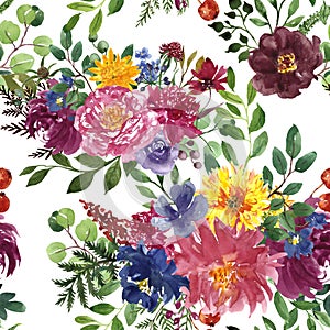 Watercolor floral botanical print. Watercolor autumn red and navy blue flowers seamless pattern on white background