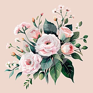 Watercolor floral bouquet blush pink roses flower green leaf leaves branches