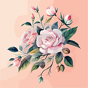 Watercolor floral bouquet blush pink roses flower green leaf leaves branches