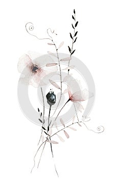 Watercolor floral bouquet of delicate pastel pink poppy, black dry buds, spikelets, wild flowers, leaves, branches.