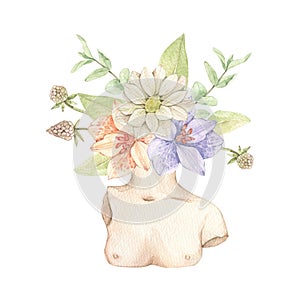 Watercolor floral bouquet in feminine vase with field flowers, eucalyptus and leaves. Botanical modern illustration with lilies,