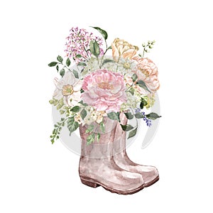 Watercolor floral bouquet in garden boots. Beautiful lilac flowers, hydrangea, peony, greenery. Hand painted illustration