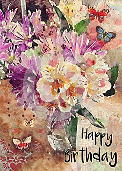 Watercolor floral bouquet happy birthday greeting card