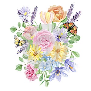 Watercolor floral bouquet illustration with crocus and lavender and tulips, wildflowers, green leaves, for wedding stationery