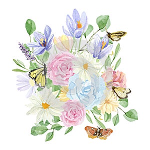 Watercolor floral bouquet illustration with crocus, wildflowers, green leaves, for wedding stationery, greeting card