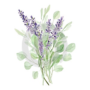 Watercolor floral bouquet illustration with lavender and eucalyptus , wildflowers, green leaves, for wedding stationery