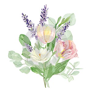 Watercolor floral bouquet illustration with lavender and tulips, wildflowers, green leaves, for wedding stationery